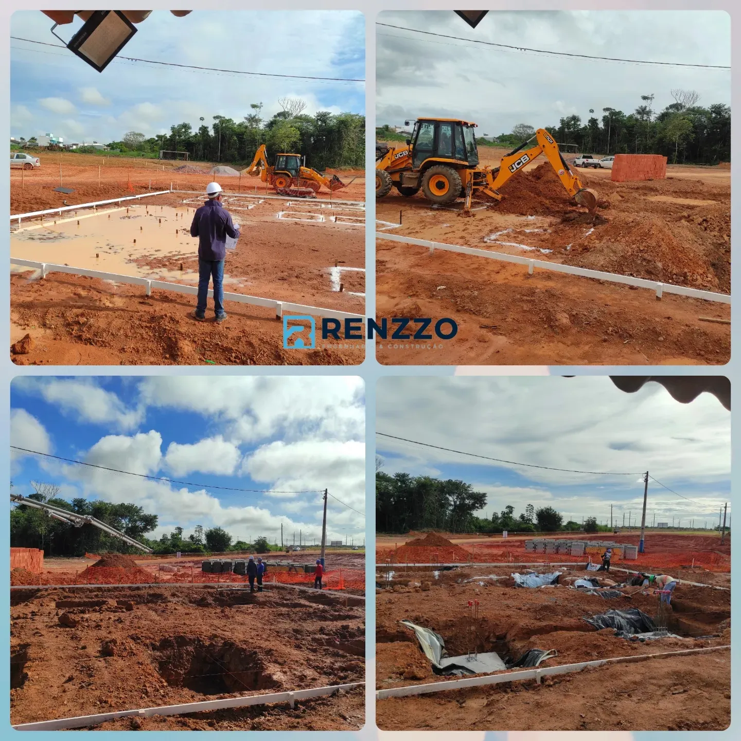Registros de preparação do terreno, escavação e concretagem de fundações