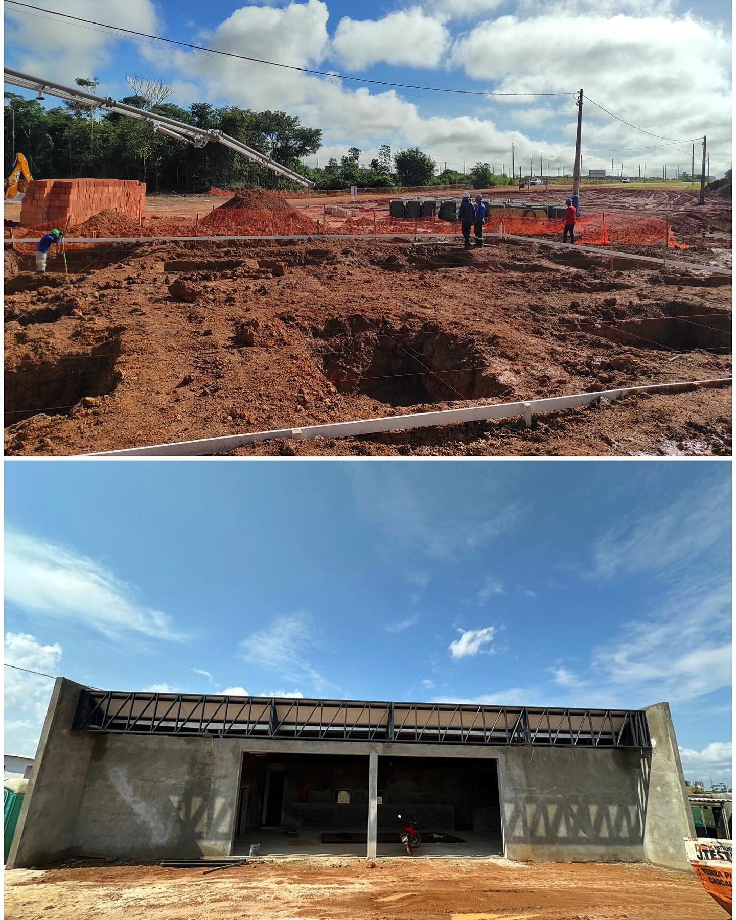 Edificação comercial em fase de execução, com estrutura de cobertura instalada